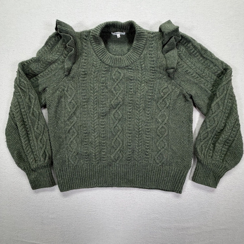 Madewell Womens Sweater Regular Green Ruffle Cable Knit Merino Wool Large